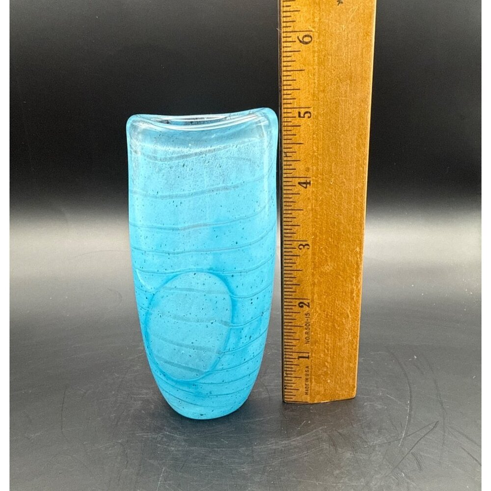Vintage 1993 Rod Sounik Hand Blown Art Glass Vase Blue Swirl Signed #18  5in H - Picture 8 of 10